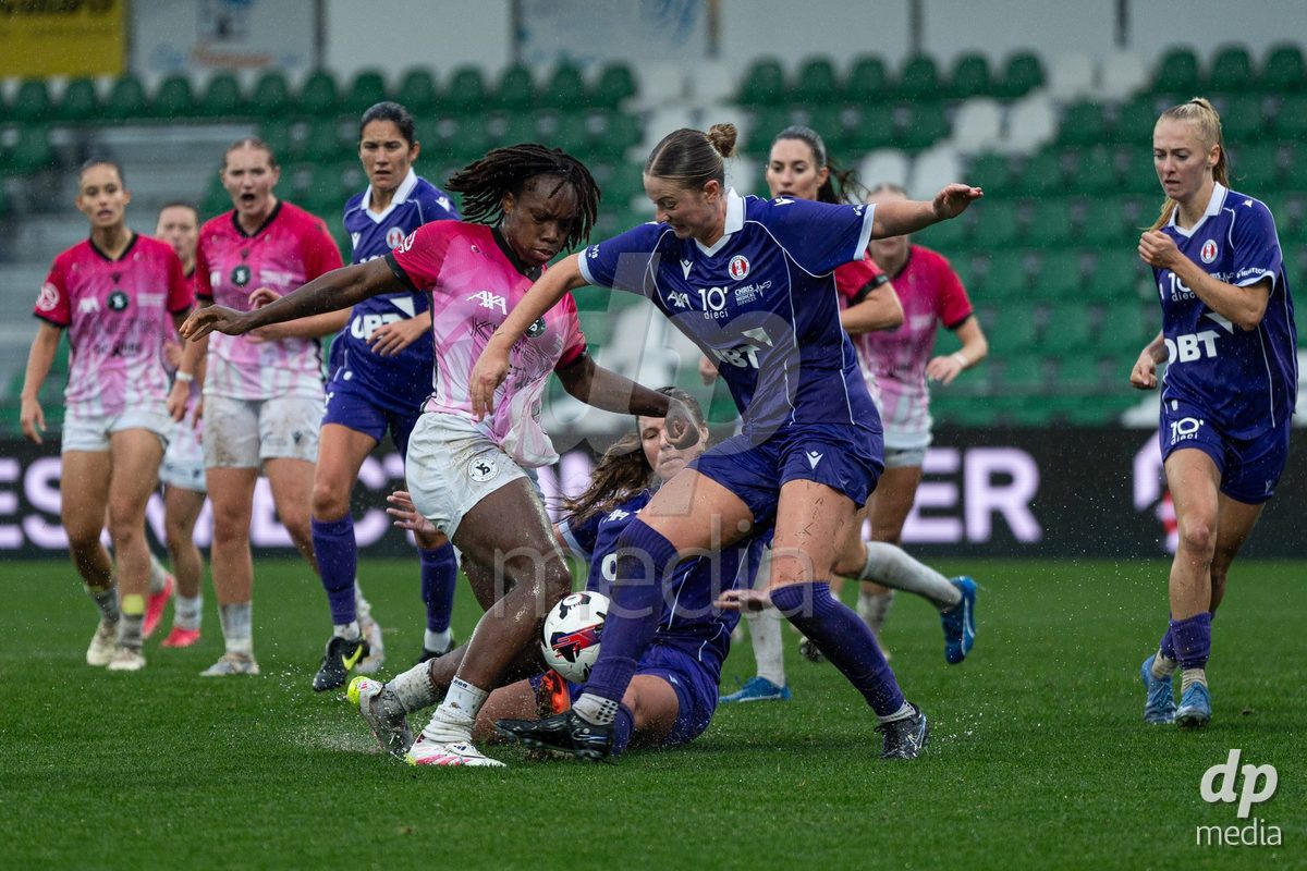 YVERDON-LES-BAINS, SWITZERLAND - OCTOBER 18: Maeva Sogan of Yverdon Sport Women battles for the ball during the AXA Women's Super League match between FC Yverdon Women and FC Rapperswil-Jona at Stade Municipal on October 18, 2026 in Yverdon-les-Bains, Switzerland.