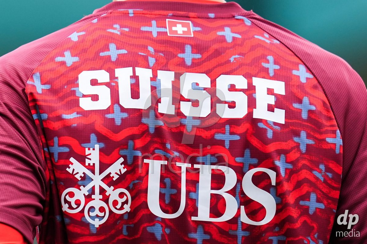 VADUZ, LIECHTENSTEIN - OCTOBER 18: UBS sponsor logo printed on the warm-up shirts prior to the UEFA European Under-17 Qualifier match between Switzerland and Spain at Rheinpark Stadion on October 18, 2026 in Vaduz, Liechtenstein.