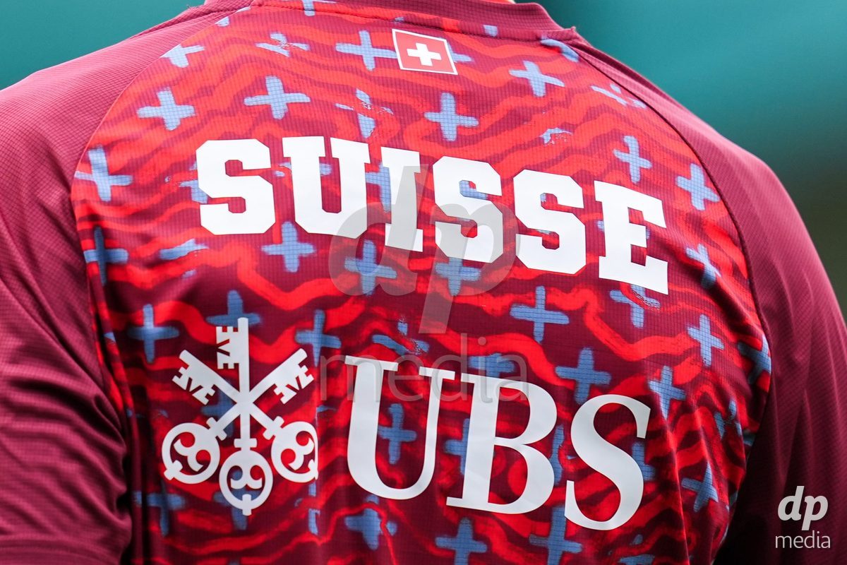 VADUZ, LIECHTENSTEIN - OCTOBER 18: UBS sponsor logo printed on the warm-up shirts prior to the UEFA European Under-17 Qualifier match between Switzerland and Spain at Rheinpark Stadion on October 18, 2026 in Vaduz, Liechtenstein.