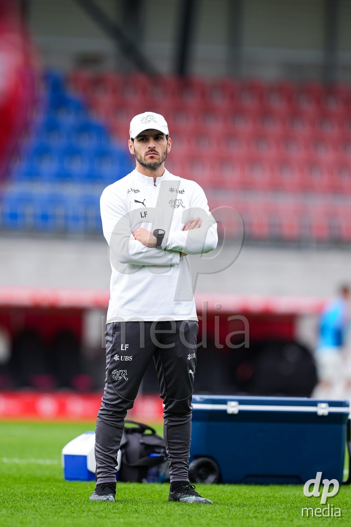VADUZ, LIECHTENSTEIN - OCTOBER 18: Physiotherapist staff member Luca Faillace, of Switzerland during the UEFA European Under-17 Qualifier match between Switzerland and Spain at Rheinpark Stadion on October 18, 2026 in Vaduz, Liechtenstein.