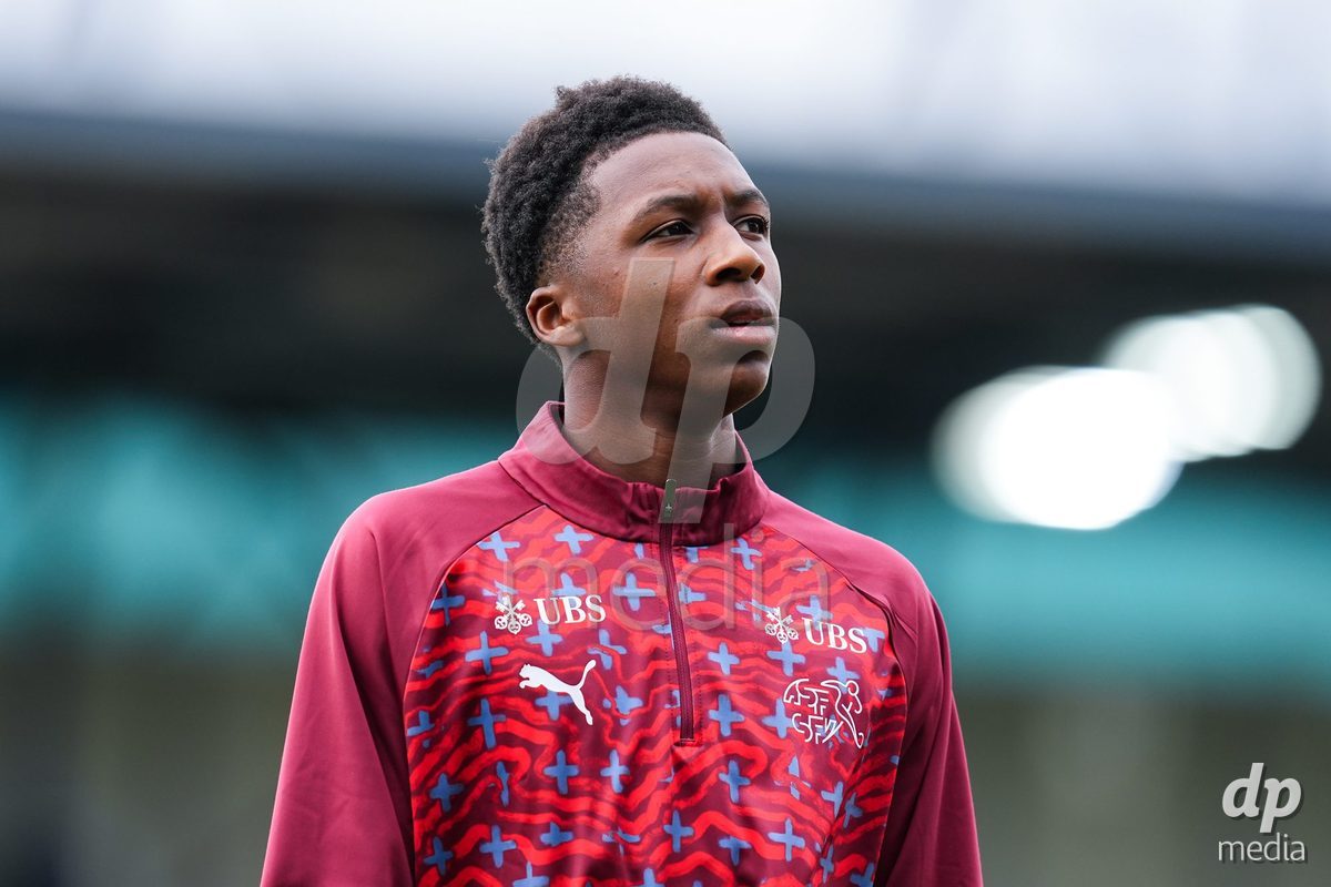 VADUZ, LIECHTENSTEIN - OCTOBER 18: Darren Okoh of Switzerland during warm up prior to the UEFA European Under-17 Qualifier match between Switzerland and Spain at Rheinpark Stadion on October 18, 2026 in Vaduz, Liechtenstein.