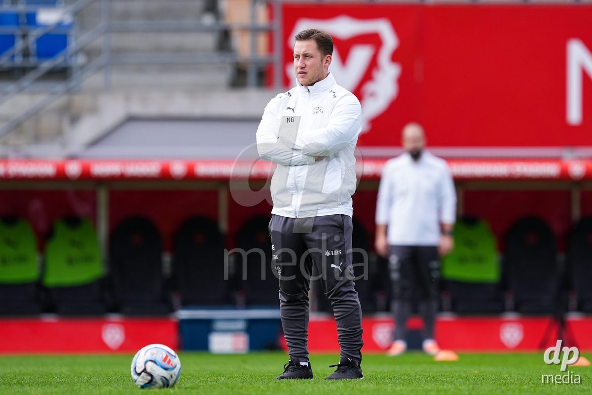 VADUZ, LIECHTENSTEIN - OCTOBER 18: Videoanalyst Niklas Giannotto of Switzerland loosk on during the UEFA European Under-17 Qualifier match between Switzerland and Spain at Rheinpark Stadion on October 18, 2026 in Vaduz, Liechtenstein.