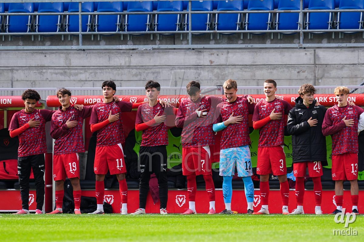 VADUZ, LIECHTENSTEIN - OCTOBER 18: Players of Switzerland during the national anthem prior to the UEFA European Under-17 Qualifier match between Switzerland and Spain at Rheinpark Stadion on October 18, 2026 in Vaduz, Liechtenstein.
