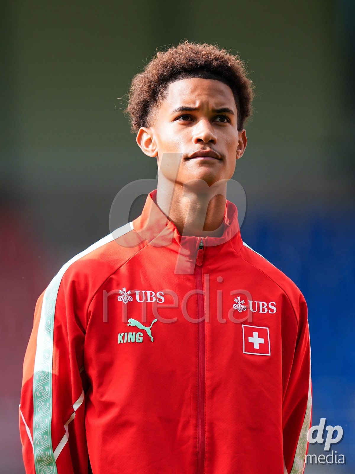 VADUZ, LIECHTENSTEIN - OCTOBER 18: Portrait (headshot/close up) of Kyle Kurt of Switzerland during the national anthem prior to the UEFA European Under-17 Qualifier match between Switzerland and Spain at Rheinpark Stadion on October 18, 2026 in Vaduz, Liechtenstein.