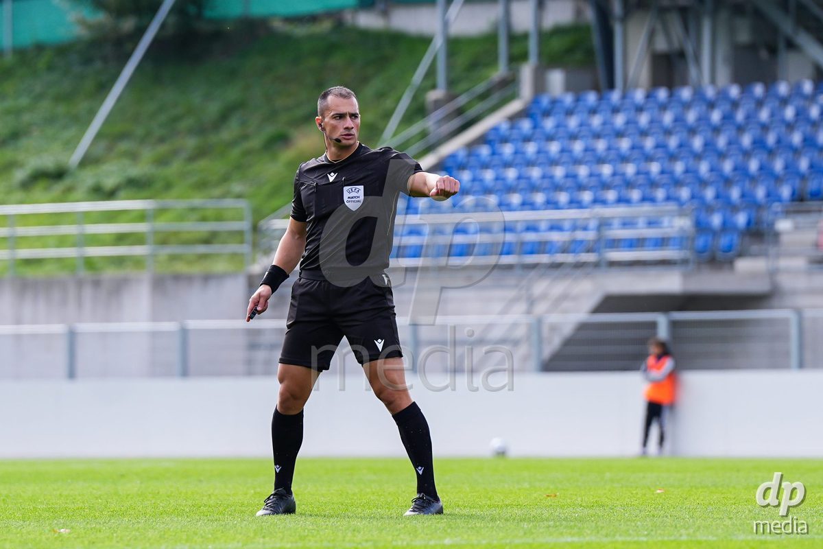 VADUZ, LIECHTENSTEIN - OCTOBER 18: Referee Konstantinos Fellas CYP during the UEFA European Under-17 Qualifier match between Switzerland and Spain at Rheinpark Stadion on October 18, 2026 in Vaduz, Liechtenstein.