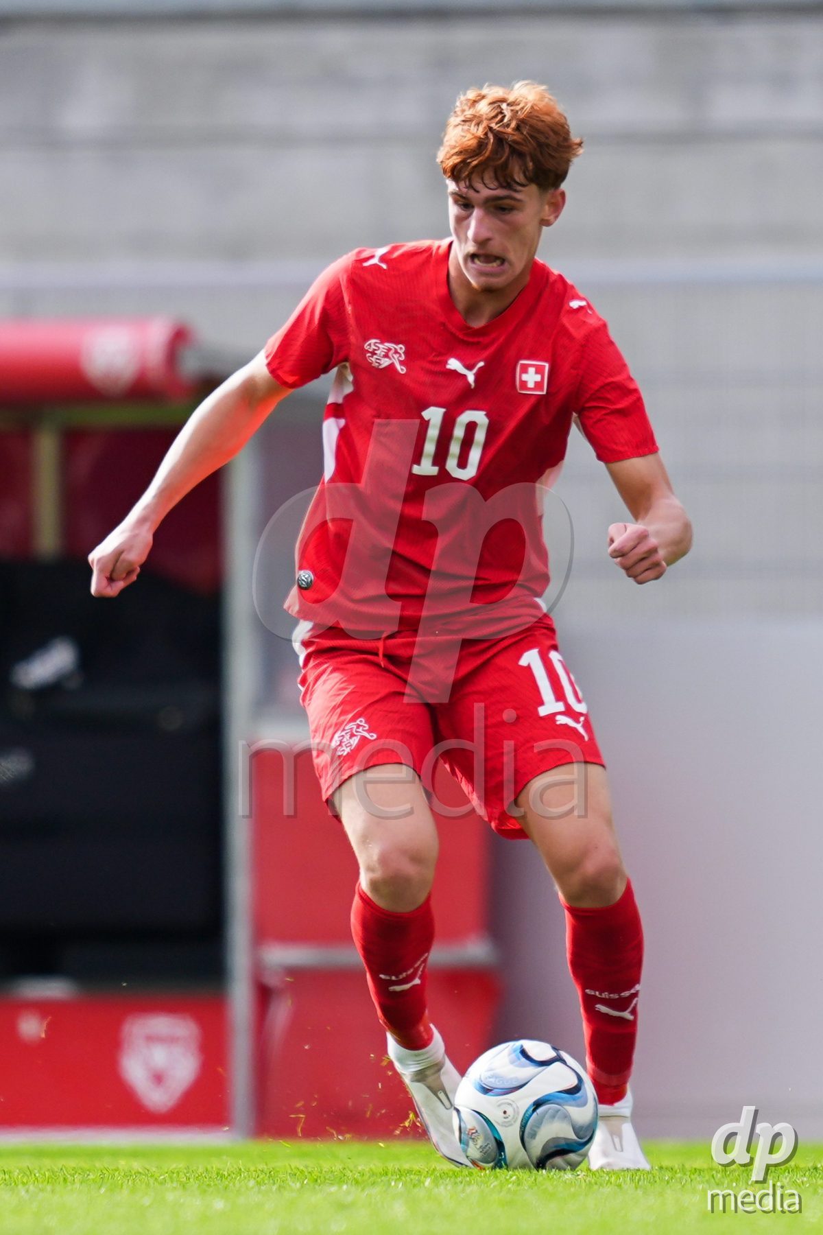 VADUZ, LIECHTENSTEIN - OCTOBER 18: Eron Kele of Switzerland controls the ball during the UEFA European Under-17 Qualifier match between Switzerland and Spain at Rheinpark Stadion on October 18, 2026 in Vaduz, Liechtenstein.