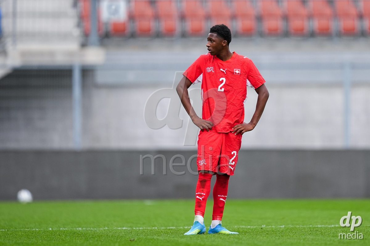 VADUZ, LIECHTENSTEIN - OCTOBER 18: Darren Okoh of Switzerland looks on during the UEFA European Under-17 Qualifier match between Switzerland and Spain at Rheinpark Stadion on October 18, 2026 in Vaduz, Liechtenstein.