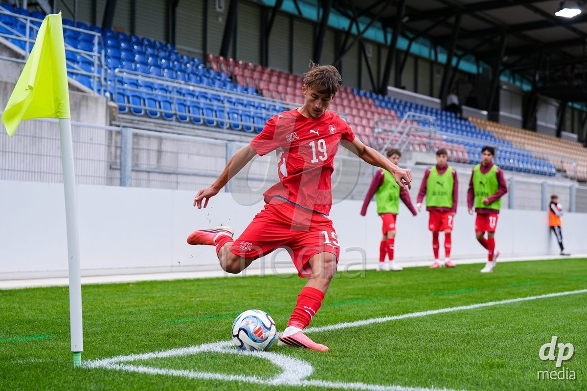 VADUZ, LIECHTENSTEIN - OCTOBER 18: Eron Dreshaj of Switzerland shoots the ball during the UEFA European Under-17 Qualifier match between Switzerland and Spain at Rheinpark Stadion on October 18, 2026 in Vaduz, Liechtenstein.