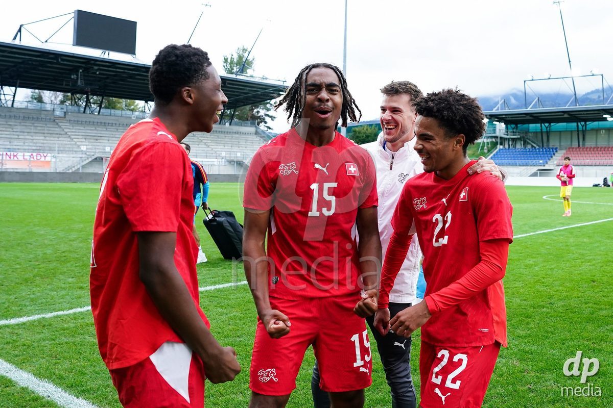 VADUZ, LIECHTENSTEIN - OCTOBER 18: Leon White of Switzerland and Nolaan Stifani of Switzerland celebrate during the UEFA European Under-17 Qualifier match between Switzerland and Spain at Rheinpark Stadion on October 18, 2026 in Vaduz, Liechtenstein.