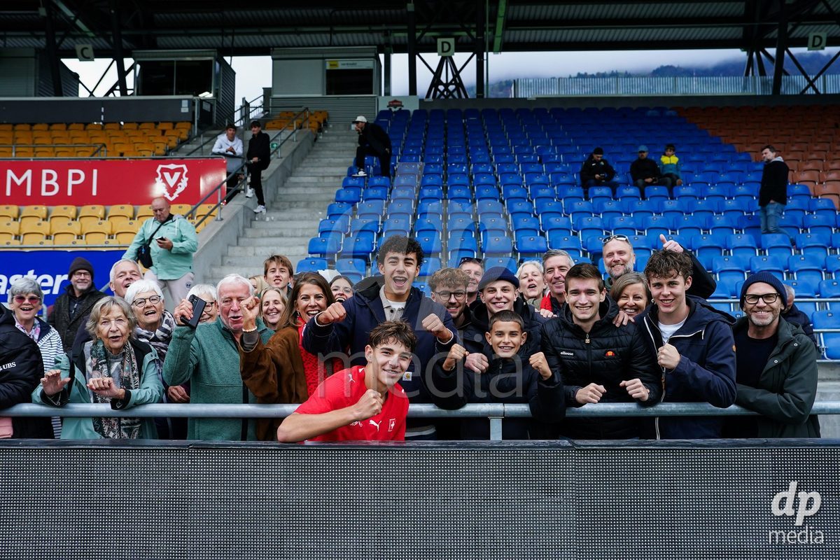 VADUZ, LIECHTENSTEIN - OCTOBER 18: Niklas Zuger of Switzerland with family and friends during the UEFA European Under-17 Qualifier match between Switzerland and Spain at Rheinpark Stadion on October 18, 2026 in Vaduz, Liechtenstein.