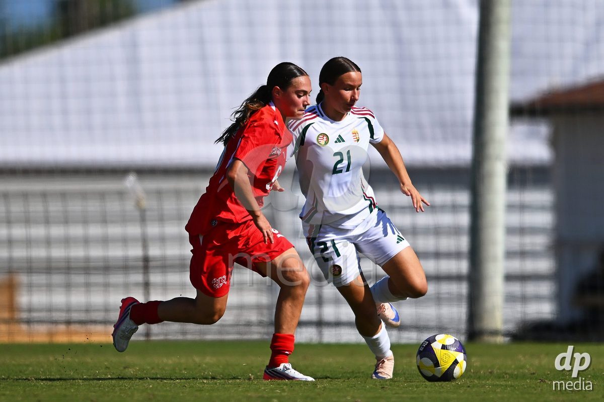 OLIVA NOVA, SPAIN - OCTOBER 22: Amelie Zorgiebel of Switzerland competes for the ball with Melinda Sallai of Hungary during the International Women's Friendly match between Hungary U17 and Switzerland U17 at Oliva Nova Sports Center on October 22, 2026 in Oliva Nova, Spain.