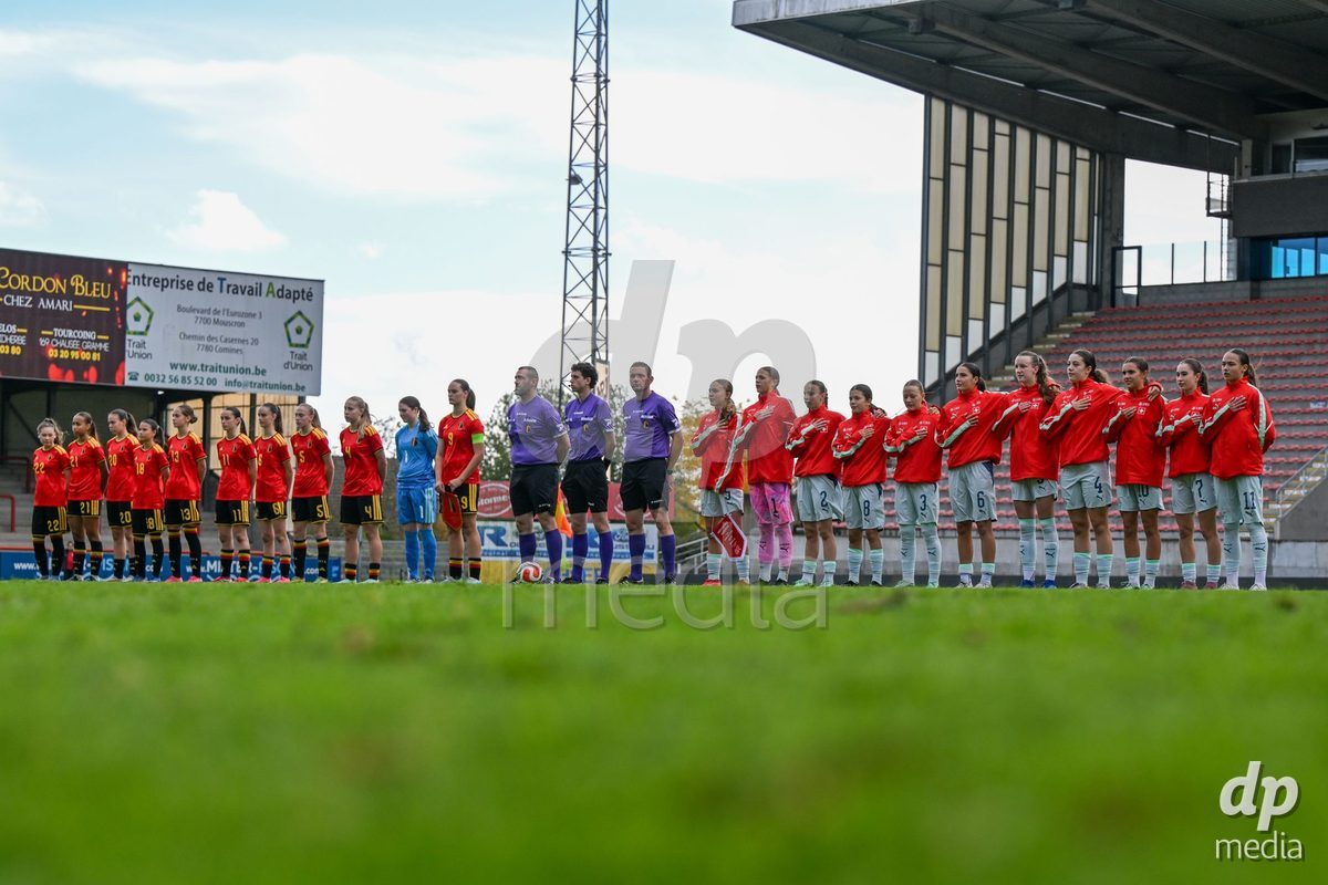 MOUSCRON, BELGIUM - OCTOBER 22: both team line ups pictured during the International Women's Friendly match between Belgium U16 and Switzerland U16 at Le Cannonier on October 22, 2026 in Mouscron, Belgium.