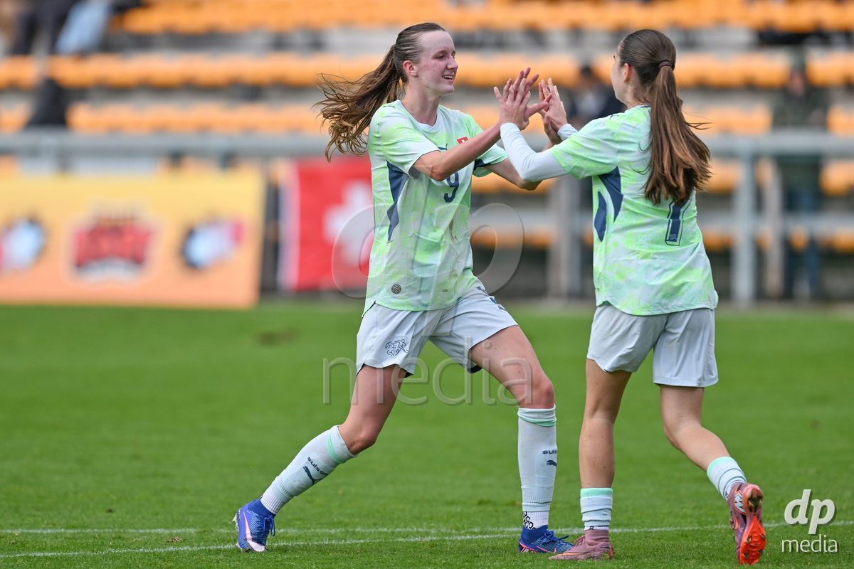 MOUSCRON, BELGIUM - OCTOBER 22: Mia Seitz (7) of Switzerland celebrates with Jenny Reuter (9) of Switzerland after scoring the 3-3 equalizer goal during the International Women's Friendly match between Belgium U16 and Switzerland U16 at Le Cannonier on October 22, 2026 in Mouscron, Belgium.