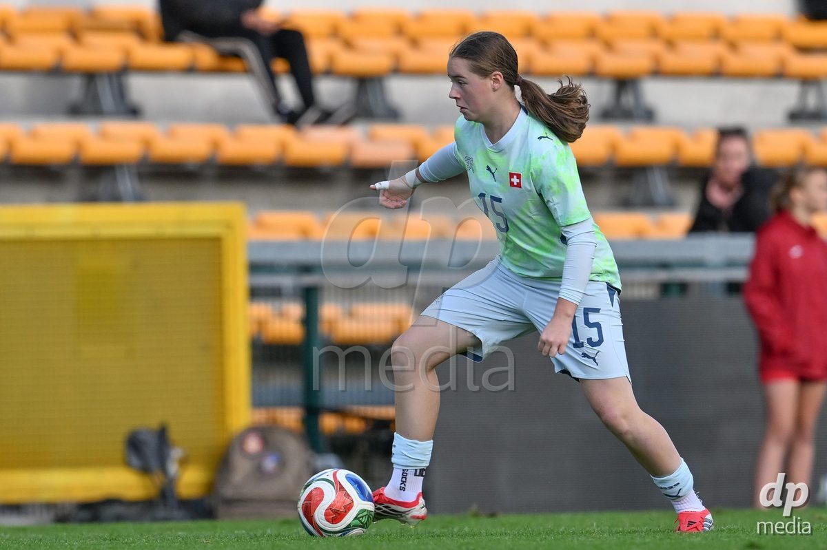 MOUSCRON, BELGIUM - OCTOBER 22: Elena Fluckiger (15) of Switzerland pictured during the International Women's Friendly match between Belgium U16 and Switzerland U16 at Le Cannonier on October 22, 2026 in Mouscron, Belgium.