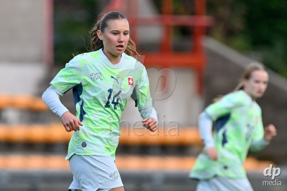 MOUSCRON, BELGIUM - OCTOBER 22: Seline Villiger(14) of Switzerland pictured during the International Women's Friendly match between Belgium U16 and Switzerland U16 at Le Cannonier on October 22, 2026 in Mouscron, Belgium.