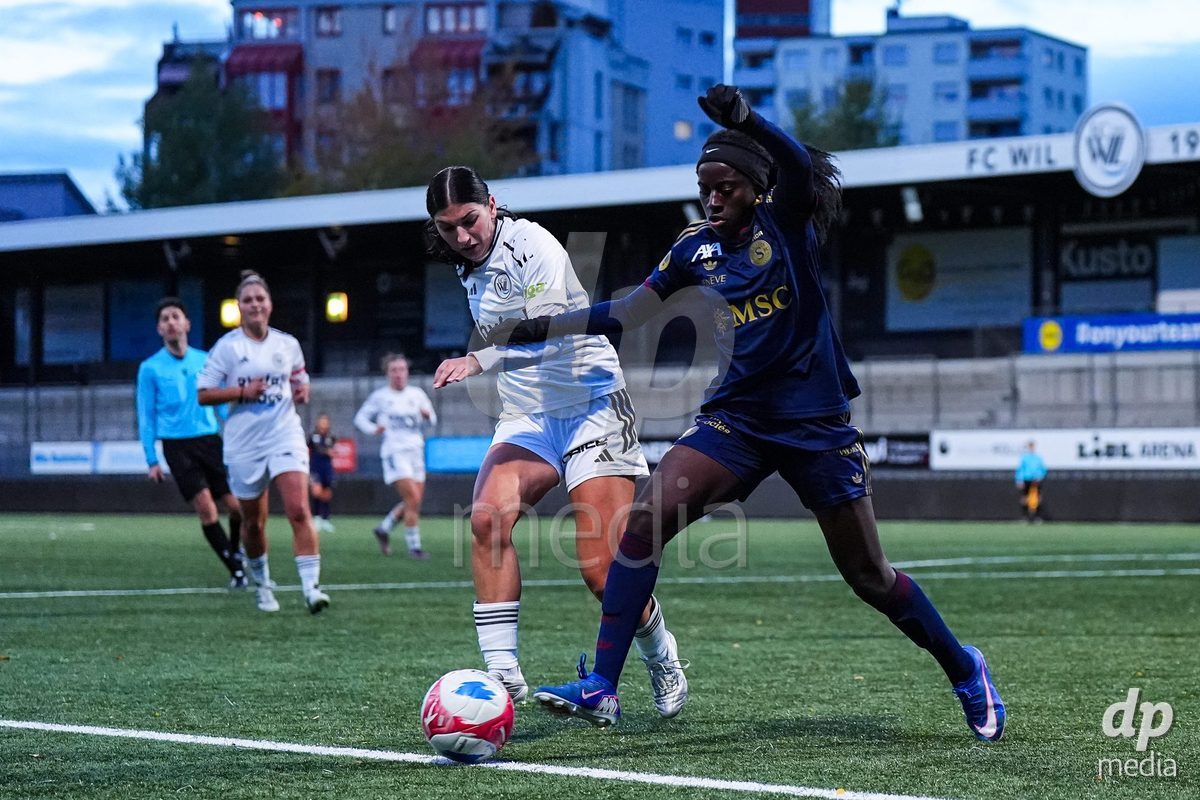 WIL, SWITZERLAND - OCTOBER 24: Benedicte Simon of Servette FC Chenois Feminin battles for the ball (duel) during the AXA Women's Cup match between FC Wil 1900 and Servette FC Chenois Feminin at Lidl Sportpark on October 24, 2026 in Wil, Switzerland.