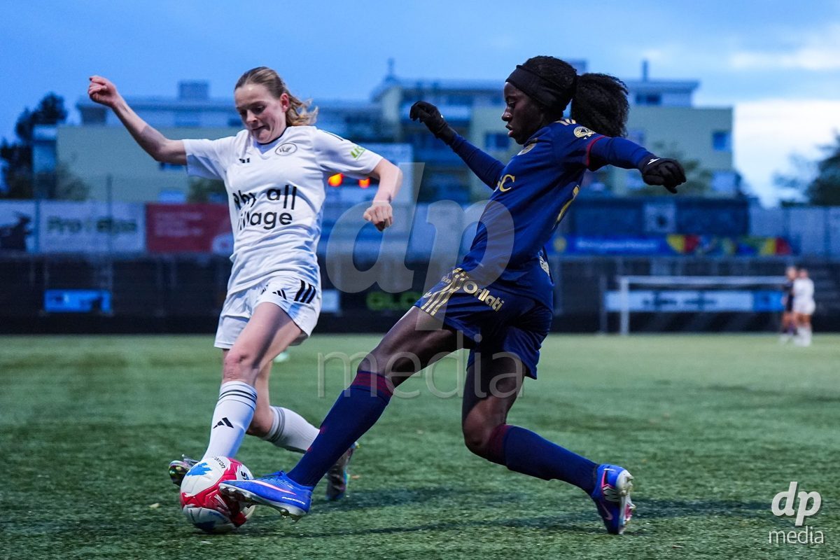 WIL, SWITZERLAND - OCTOBER 24: Benedicte Simon of Servette FC Chenois Feminin battles for the ball (duel) during the AXA Women's Cup match between FC Wil 1900 and Servette FC Chenois Feminin at Lidl Sportpark on October 24, 2026 in Wil, Switzerland.