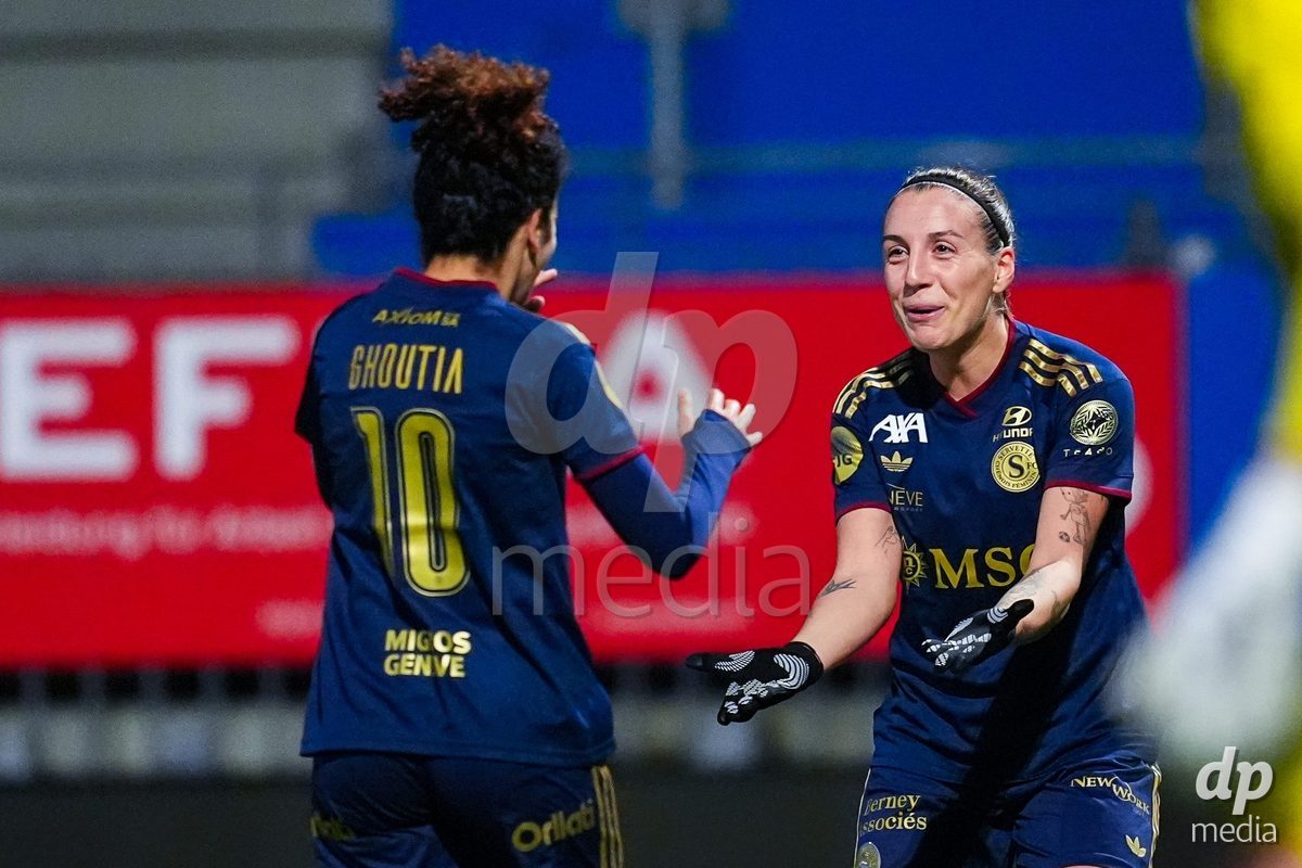 WIL, SWITZERLAND - OCTOBER 24: Ghoutia Karchouni of Servette FC Chenois Feminin (L) celebrates with Gloria Marinelli of Servette FC Chenois Feminin (R) after scoring her teams second goal  during the AXA Women's Cup match between FC Wil 1900 and Servette FC Chenois Feminin at Lidl Sportpark on October 24, 2026 in Wil, Switzerland.