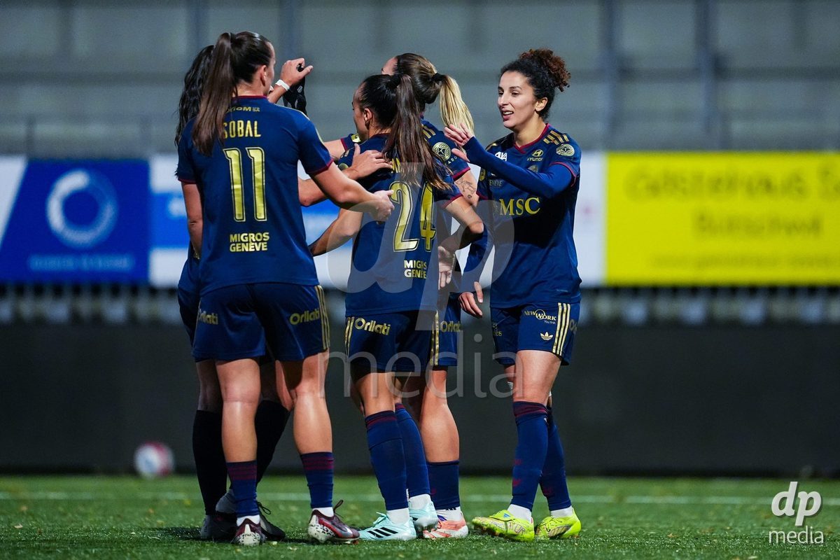 WIL, SWITZERLAND - OCTOBER 24: Ghoutia Karchouni of Servette FC Chenois Feminin celebrates with teammates after scoring her teams second goal  during the AXA Women's Cup match between FC Wil 1900 and Servette FC Chenois Feminin at Lidl Sportpark on October 24, 2026 in Wil, Switzerland.