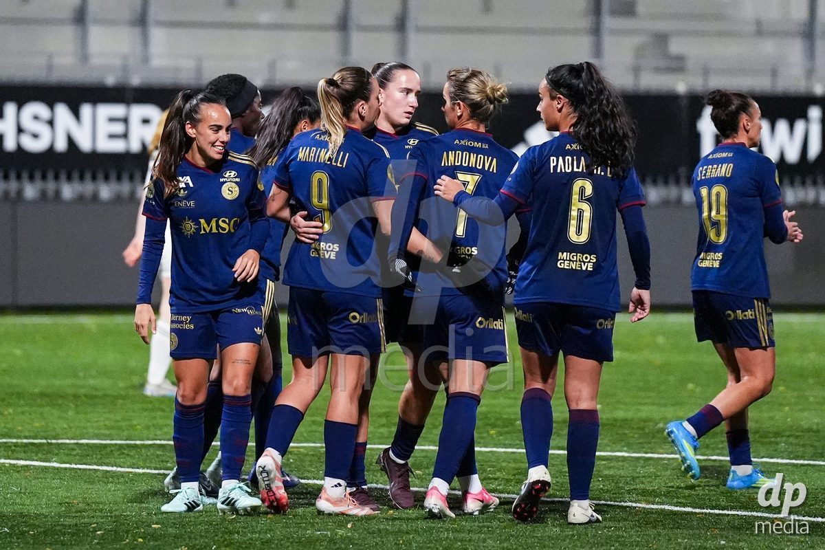WIL, SWITZERLAND - OCTOBER 24: Gloria Marinelli of Servette FC Chenois Feminin celebrates with teammates after scoring her teams third goal  during the AXA Women's Cup match between FC Wil 1900 and Servette FC Chenois Feminin at Lidl Sportpark on October 24, 2026 in Wil, Switzerland.
