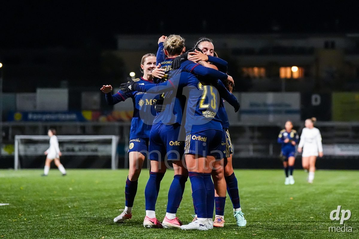 WIL, SWITZERLAND - OCTOBER 24: Meriame Terchoun of Servette FC Chenois Feminin celebrates with teammates after scoring her teams seventh goal during the AXA Women's Cup match between FC Wil 1900 and Servette FC Chenois Feminin at Lidl Sportpark on October 24, 2026 in Wil, Switzerland.