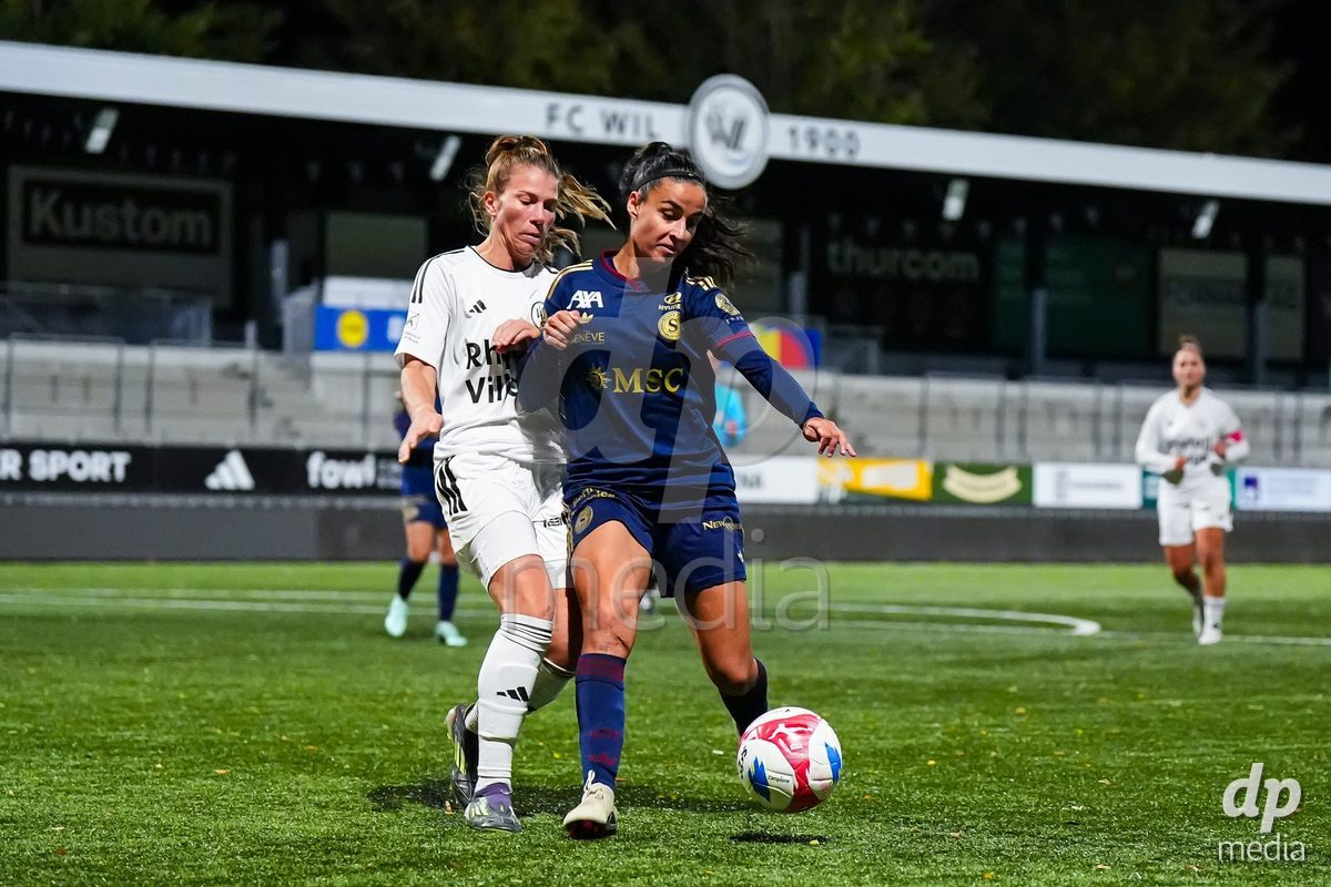 WIL, SWITZERLAND - OCTOBER 24: Paola Hernandez of Servette FC Chenois Feminin (R) battles for the ball (duel)  during the AXA Women's Cup match between FC Wil 1900 and Servette FC Chenois Feminin at Lidl Sportpark on October 24, 2026 in Wil, Switzerland.