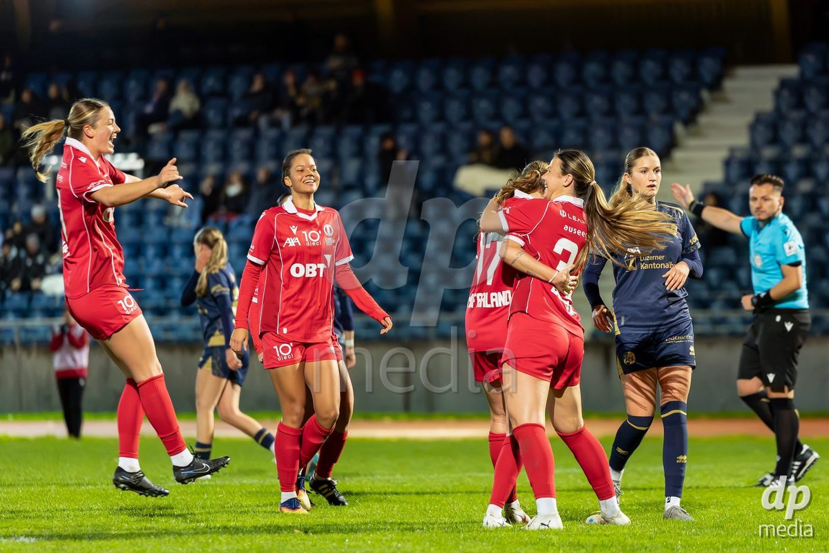 LUZERN, SWITZERLAND - OCTOBER 24: FC Rapperswil-Jona players during celebrating second goal to make the score 1-2 during the AXA Women's Cup match between FC Luzern and FC Rapperswil-Jona at Hubelmatt on October 24, 2026 in Luzern, Switzerland.