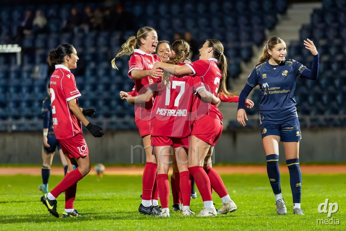 LUZERN, SWITZERLAND - OCTOBER 24: FC Rapperswil-Jona players during celebration second goal during the AXA Women's Cup match between FC Luzern and FC Rapperswil-Jona at Hubelmatt on October 24, 2026 in Luzern, Switzerland.