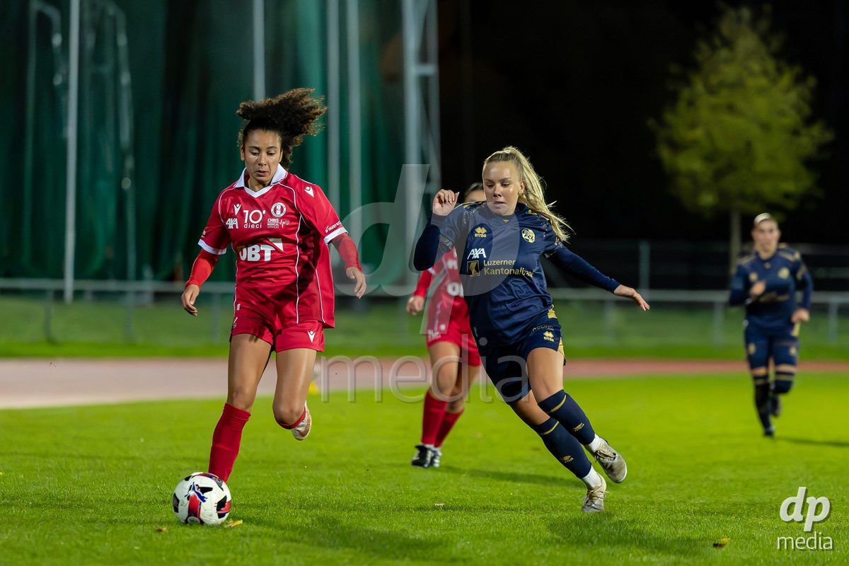 LUZERN, SWITZERLAND - OCTOBER 24: 11 Ramona Kannady of FC Rapperswil-Jona challenging with the ball during the AXA Women's Cup match between FC Luzern and FC Rapperswil-Jona at Hubelmatt on October 24, 2026 in Luzern, Switzerland.