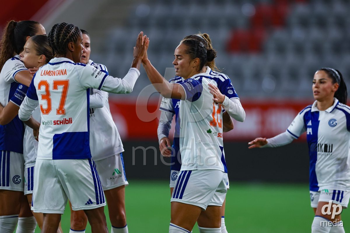 THUN, SWITZERLAND - OCTOBER 25: Celebrating again after the goal scored by Kayla McKenna from the GC Frauenfussball during the AXA Women's Cup match between FC Thun and GC Frauenfussball at Visana Stadion on October 25, 2026 in Thun, Switzerland.