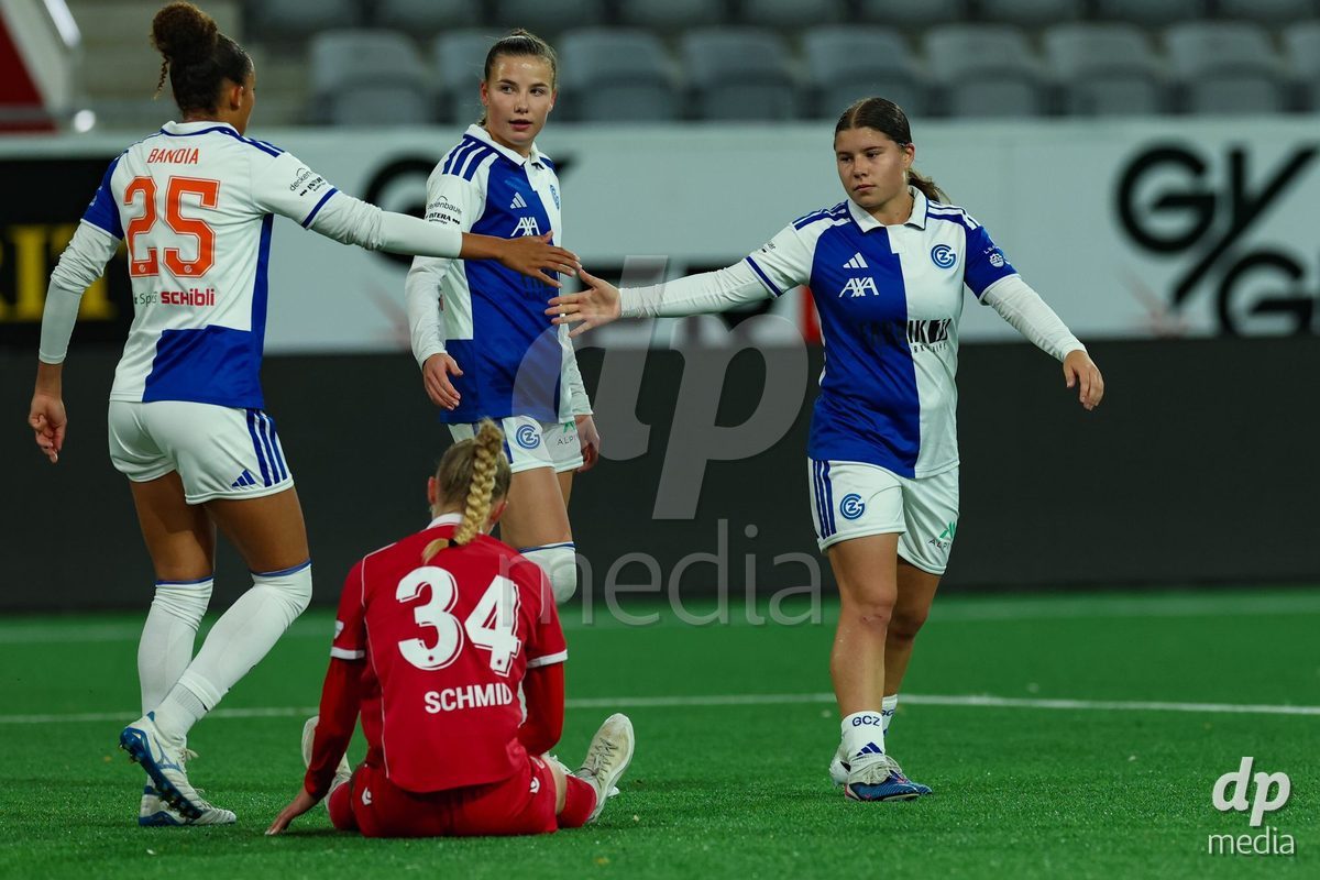 THUN, SWITZERLAND - OCTOBER 25: Michelle Storni from the GC Frauenfussball (R) after GCZ’s fifth goal during the AXA Women's Cup match between FC Thun and GC Frauenfussball at Visana Stadion on October 25, 2026 in Thun, Switzerland.