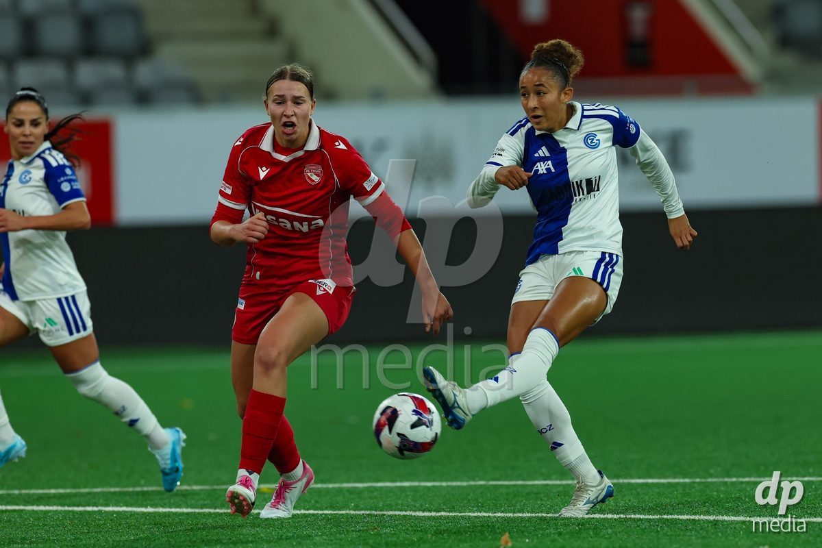 THUN, SWITZERLAND - OCTOBER 25: Soraya Bandia from the GC Frauenfussball (R) taking a shot on goal during the AXA Women's Cup match between FC Thun and GC Frauenfussball at Visana Stadion on October 25, 2026 in Thun, Switzerland.