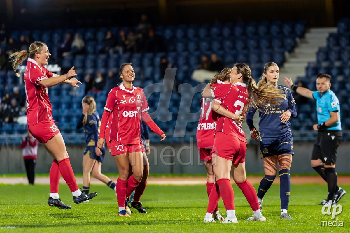 LUZERN, SWITZERLAND - OCTOBER 24: FC Rapperswil-Jona players during celebrating second goal to make the score 1-2 during the AXA Women's Cup match between FC Luzern and FC Rapperswil-Jona at Hubelmatt on October 24, 2026 in Luzern, Switzerland.