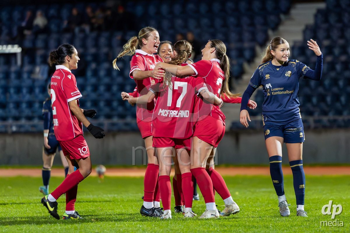 LUZERN, SWITZERLAND - OCTOBER 24: FC Rapperswil-Jona players during celebration second goal during the AXA Women's Cup match between FC Luzern and FC Rapperswil-Jona at Hubelmatt on October 24, 2026 in Luzern, Switzerland.