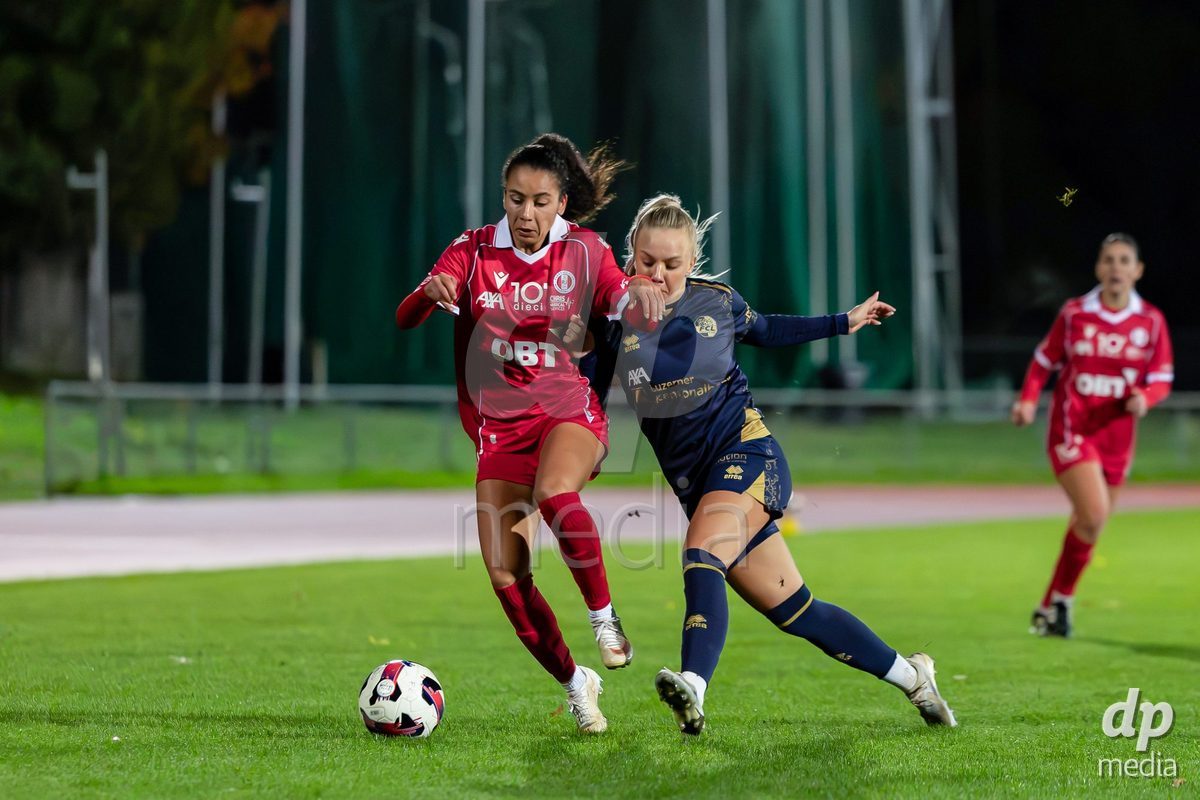 LUZERN, SWITZERLAND - OCTOBER 24: 11 Ramona Kannady of FC Rapperswil-Jona challenging with the ball during the AXA Women's Cup match between FC Luzern and FC Rapperswil-Jona at Hubelmatt on October 24, 2026 in Luzern, Switzerland.