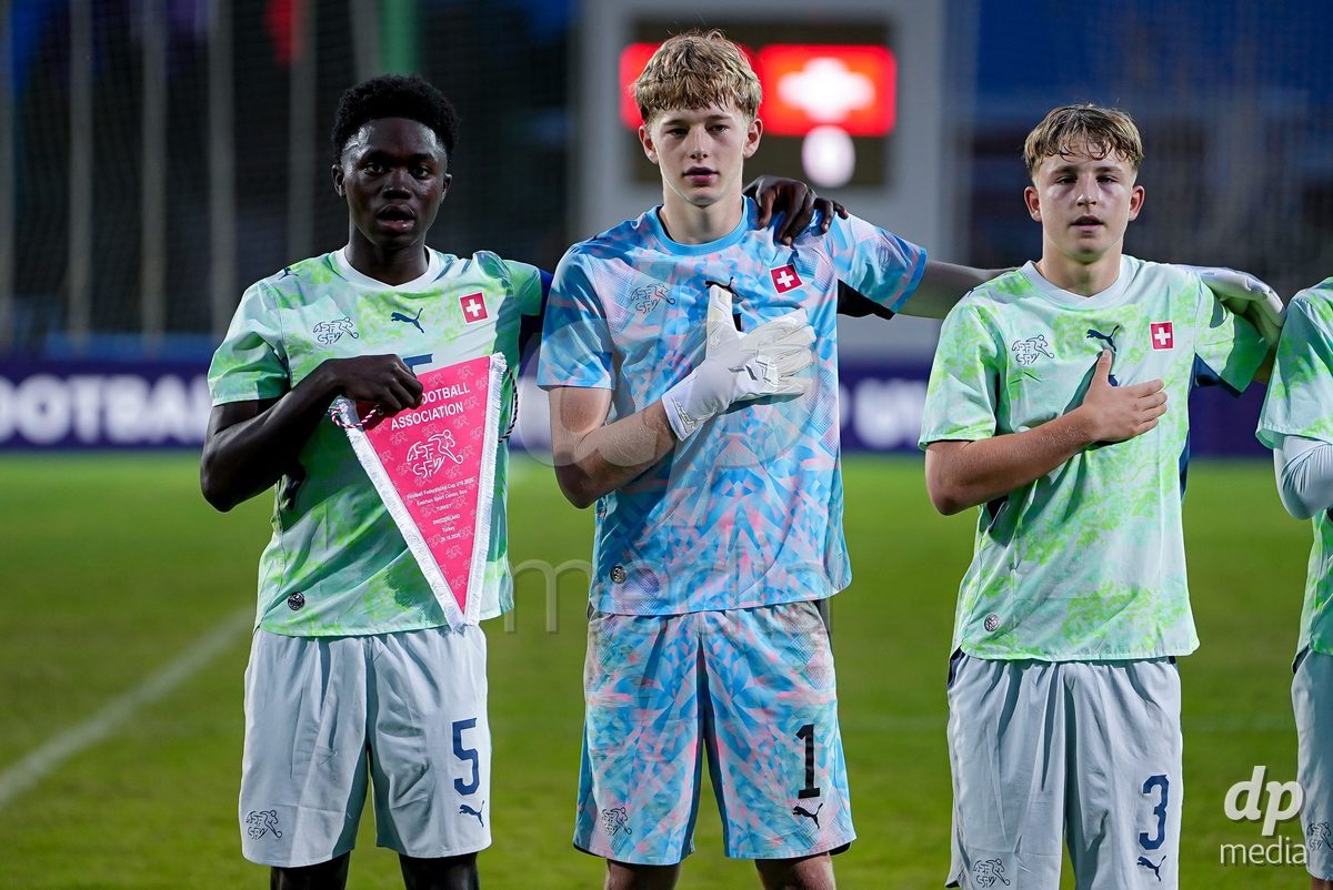 SIDE, TURKIYE - OCTOBER 28: Meudje Manuel of Switzerland, Buel Valentin of Switzerland, and Metzger Jaron of Switzerland during the International Friendly match between Switzerland and Turkiye at Emirhan Sport Complex on October 28, 2026 in Side, Turkiye.