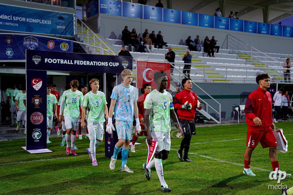 SIDE, TURKIYE - OCTOBER 28: Meudje Manuel of Switzerland, Buel Valentin of Switzerland, Metzger Jaron of Switzerland, Alija Diljon of Switzerland, during the International Friendly match between Switzerland and Turkiye at Emirhan Sport Complex on October 28, 2026 in Side, Turkiye.