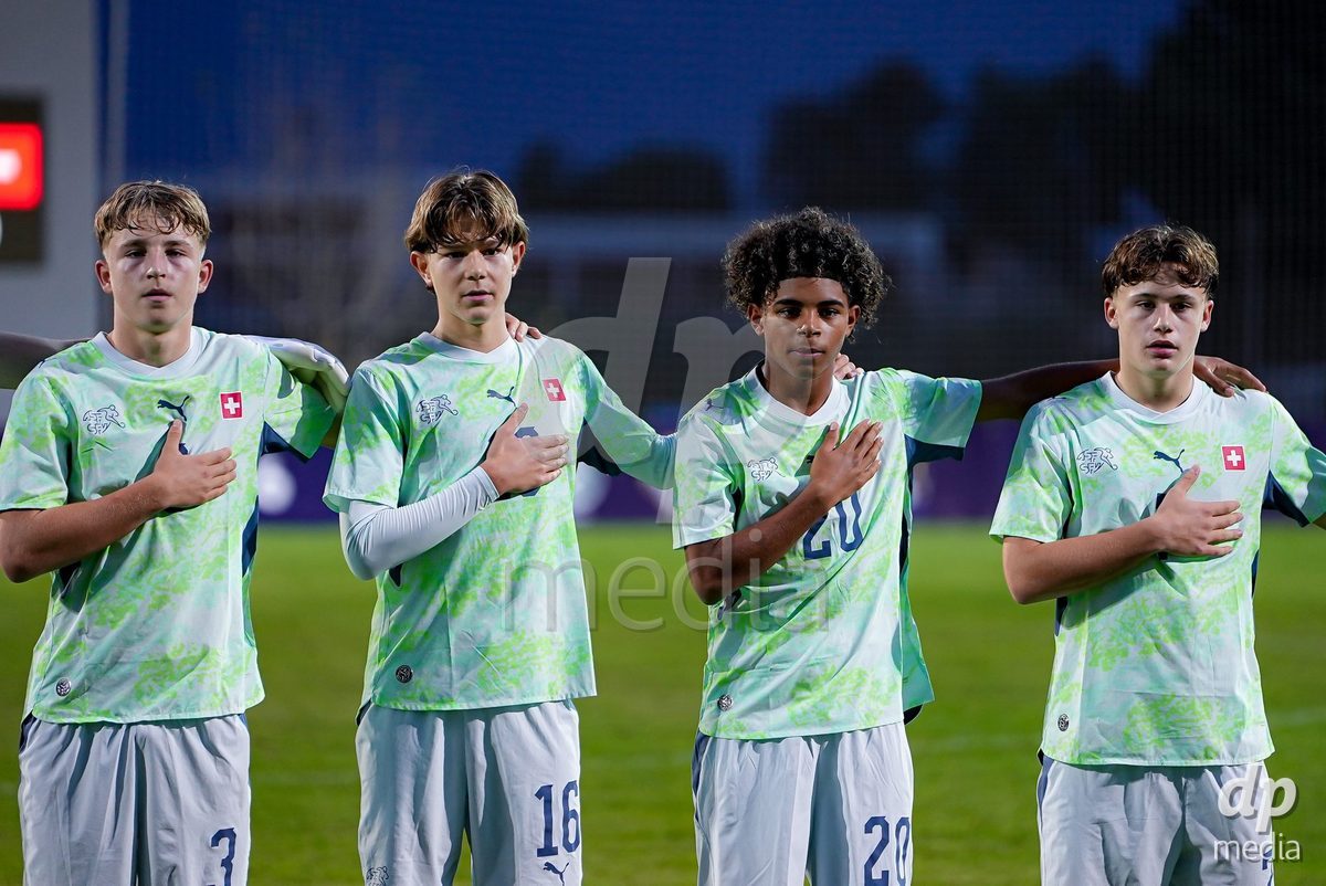 SIDE, TURKIYE - OCTOBER 28: Metzger Jaron of Switzerland, Alija Diljon of Switzerland, Martinico Jaden Antonio of Switzerland, Telser Noel Vinzenz of Switzerland during the International Friendly match between Switzerland and Turkiye at Emirhan Sport Complex on October 28, 2026 in Side, Turkiye.