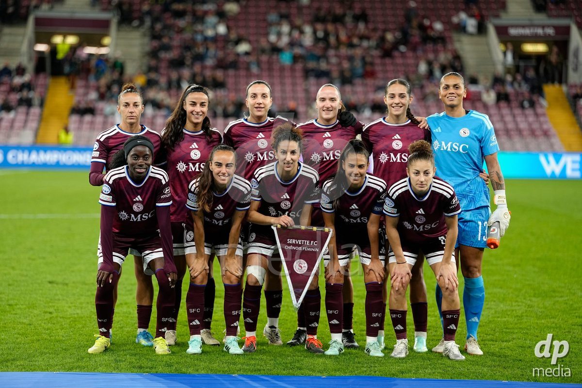 GENEVA, SWITZERLAND - OCTOBER 28: Joana Marchao, Elodie Nakkach, Benedicte Simon, Paola Hernandez, Amina Muratovic, Gloria Marinelli, Daina Bourma, Paula Serrano, Goalkeeper Jacintha Weimar, Ghoutia Karchouni and Magdalena Sobal of Servette FC Chenois Feminin during the UEFA Women's Champions League match between Servette FC Chenois Feminin and OH Leuven at Stade de Geneve on October 28, 2026 in Geneva, Switzerland.