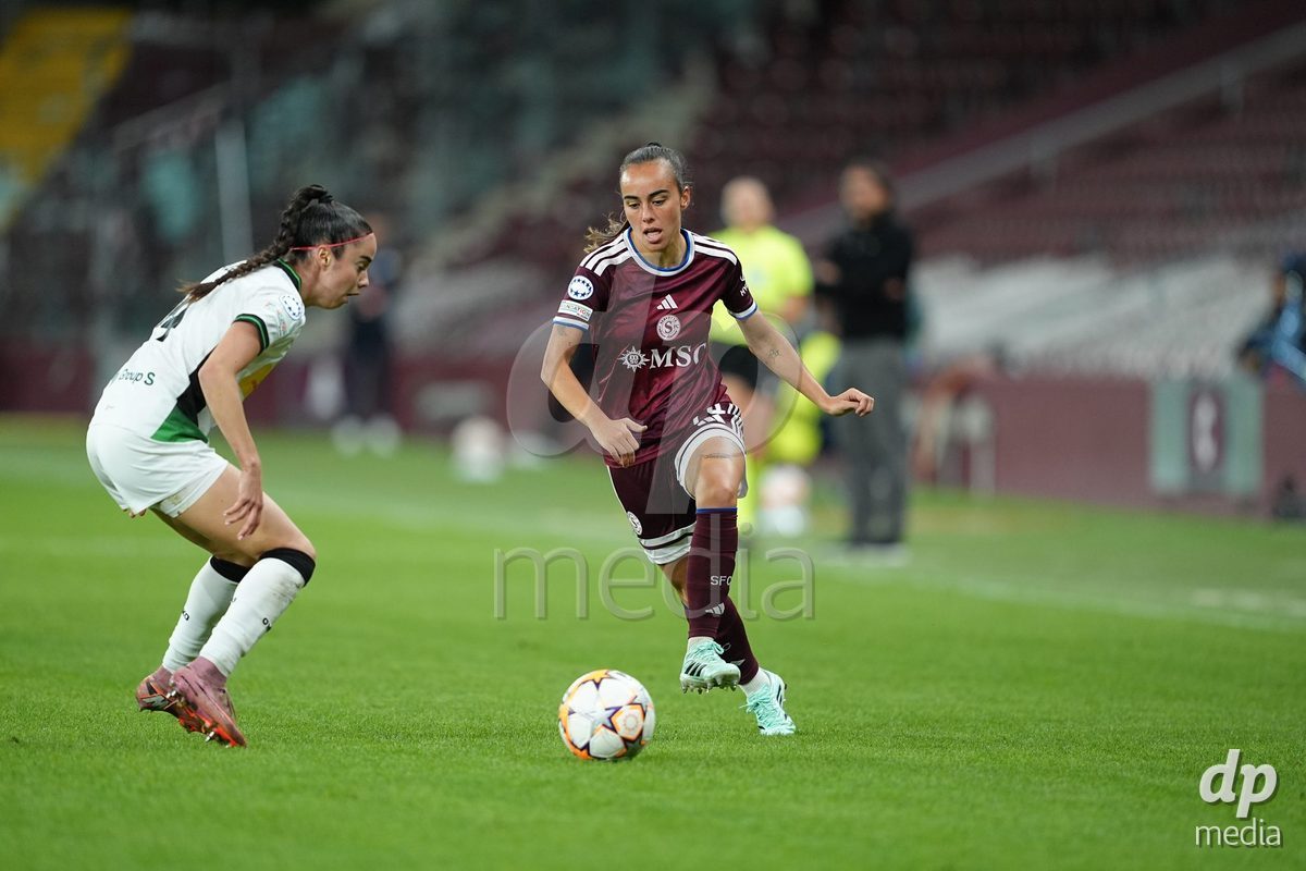 GENEVA, SWITZERLAND - OCTOBER 28: Joana Marchao of Servette FC Chenois Feminin against Virag Nagy of OH Leuven during the UEFA Women's Champions League match between Servette FC Chenois Feminin and OH Leuven at Stade de Geneve on October 28, 2026 in Geneva, Switzerland.