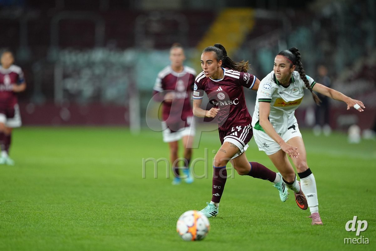 GENEVA, SWITZERLAND - OCTOBER 28: Joana Marchao of Servette FC Chenois Feminin against Virag Nagy of OH Leuven during the UEFA Women's Champions League match between Servette FC Chenois Feminin and OH Leuven at Stade de Geneve on October 28, 2026 in Geneva, Switzerland.