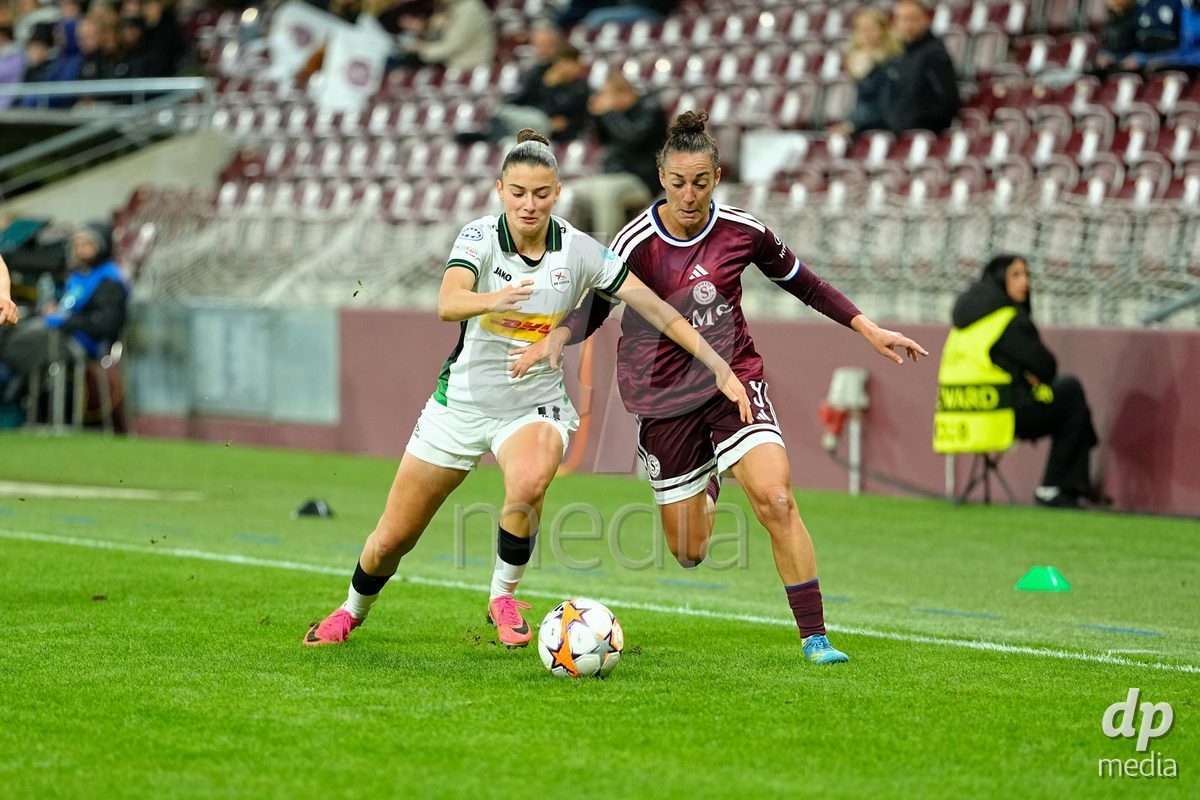 GENEVA, SWITZERLAND - OCTOBER 28: Paula Serrano of Servette FC Chenois Feminin against Ioanna Papatheodorou of OH Leuven during the UEFA Women's Champions League match between Servette FC Chenois Feminin and OH Leuven at Stade de Geneve on October 28, 2026 in Geneva, Switzerland.