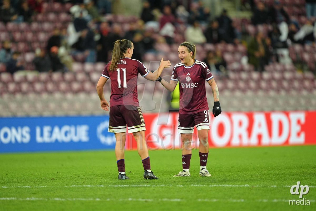 GENEVA, SWITZERLAND - OCTOBER 28: Gloria Marinelli of Servette FC Chenois Feminin celebrates her goal after scoring the third goal for Servette FC Chenois Feminin during the UEFA Women's Champions League match between Servette FC Chenois Feminin and OH Leuven at Stade de Geneve on October 28, 2026 in Geneva, Switzerland.