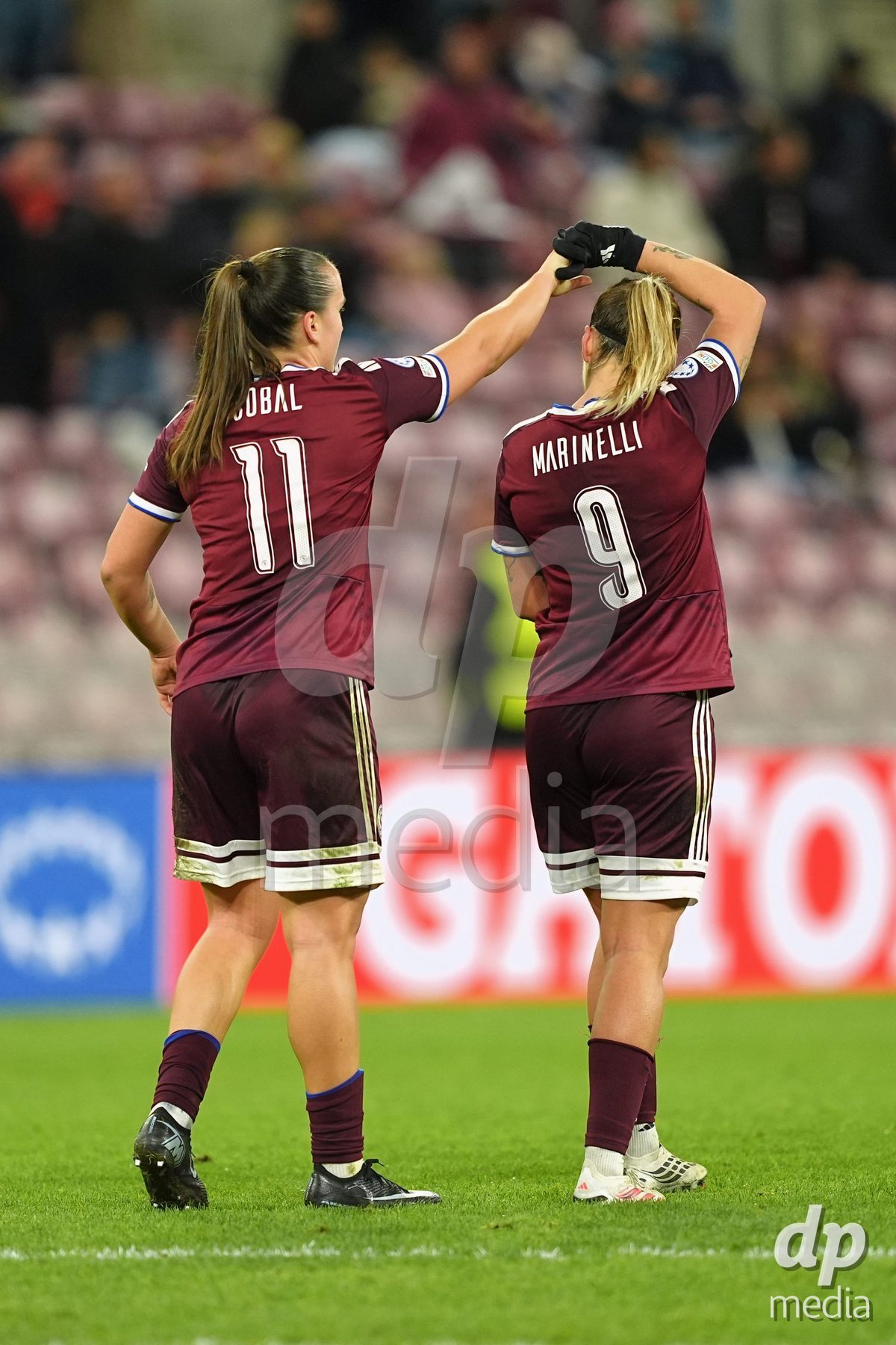 GENEVA, SWITZERLAND - OCTOBER 28: Gloria Marinelli of Servette FC Chenois Feminin celebrates her goal with Magdalena Sobal of Servette FC Chenois Feminin during the UEFA Women's Champions League match between Servette FC Chenois Feminin and OH Leuven at Stade de Geneve on October 28, 2026 in Geneva, Switzerland.