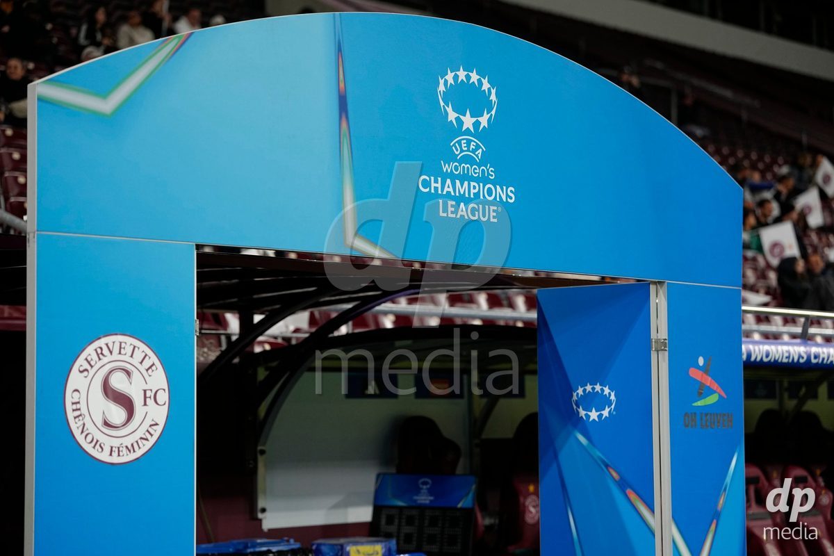 GENEVA, SWITZERLAND - OCTOBER 28: Banner of the UEFA Women's Champions League match between Servette FC Chenois Feminin and OH Leuven at Stade de Geneve on October 28, 2026 in Geneva, Switzerland.