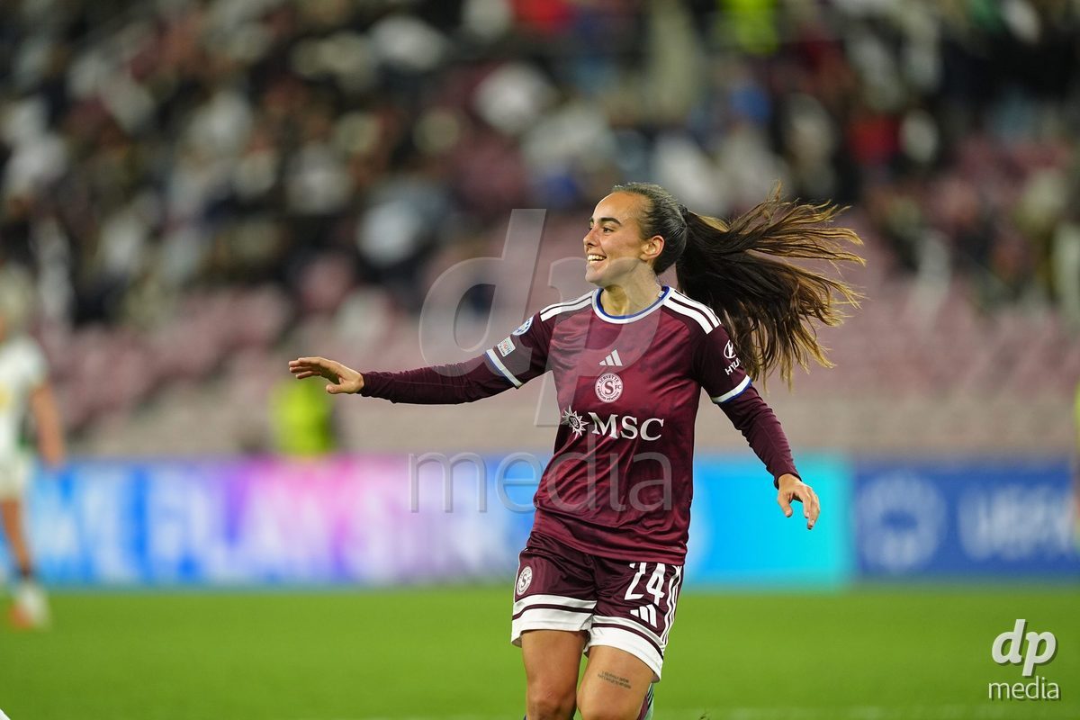 GENEVA, SWITZERLAND - OCTOBER 28: Joana Marchao of Servette FC Chenois Feminin celebrates her goal during the UEFA Women's Champions League match between Servette FC Chenois Feminin and OH Leuven at Stade de Geneve on October 28, 2026 in Geneva, Switzerland.