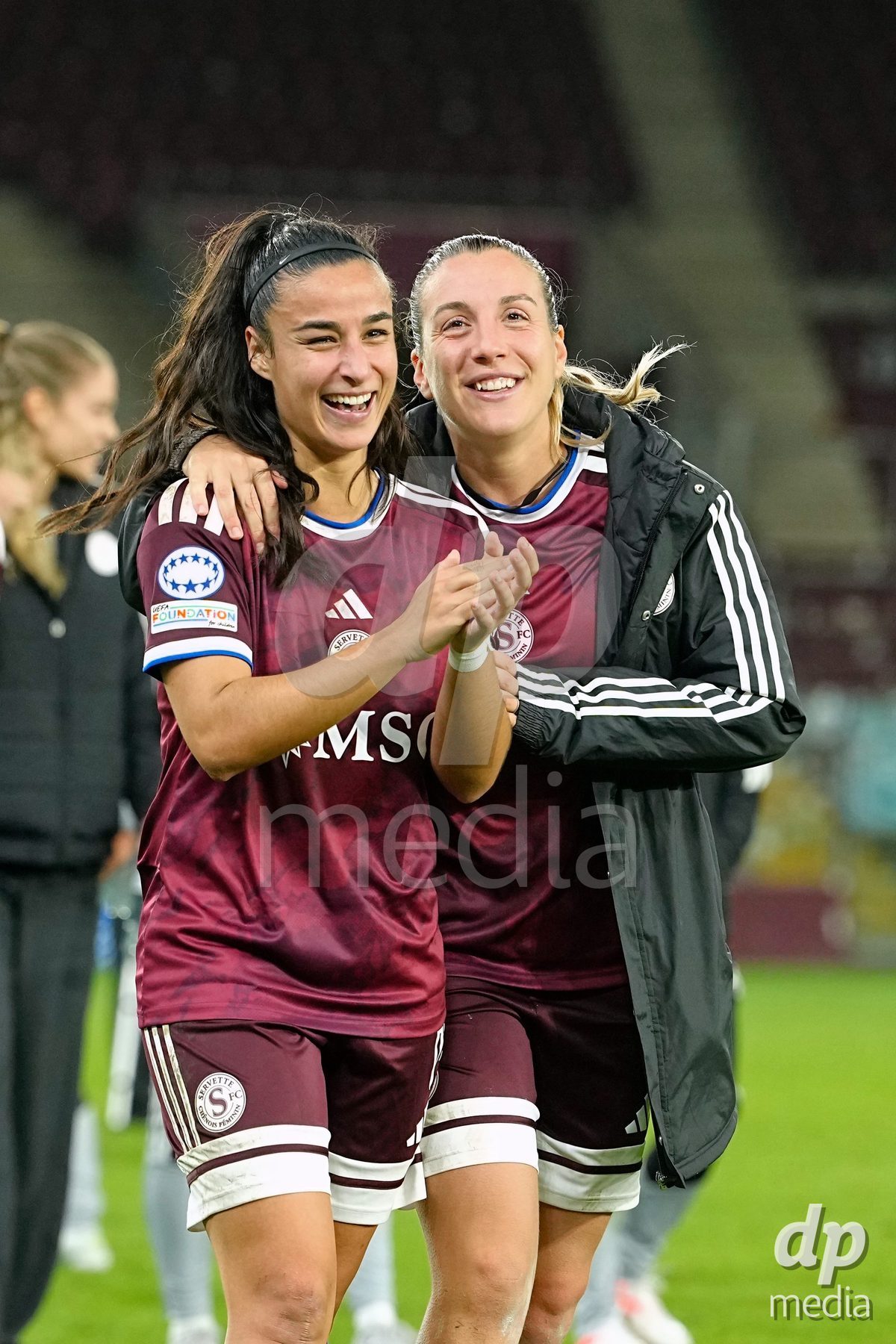 GENEVA, SWITZERLAND - OCTOBER 28: Paola Hernandez and Gloria Marinelli of Servette FC Chenois Feminin after the UEFA Women's Champions League match between Servette FC Chenois Feminin and OH Leuven at Stade de Geneve on October 28, 2026 in Geneva, Switzerland.