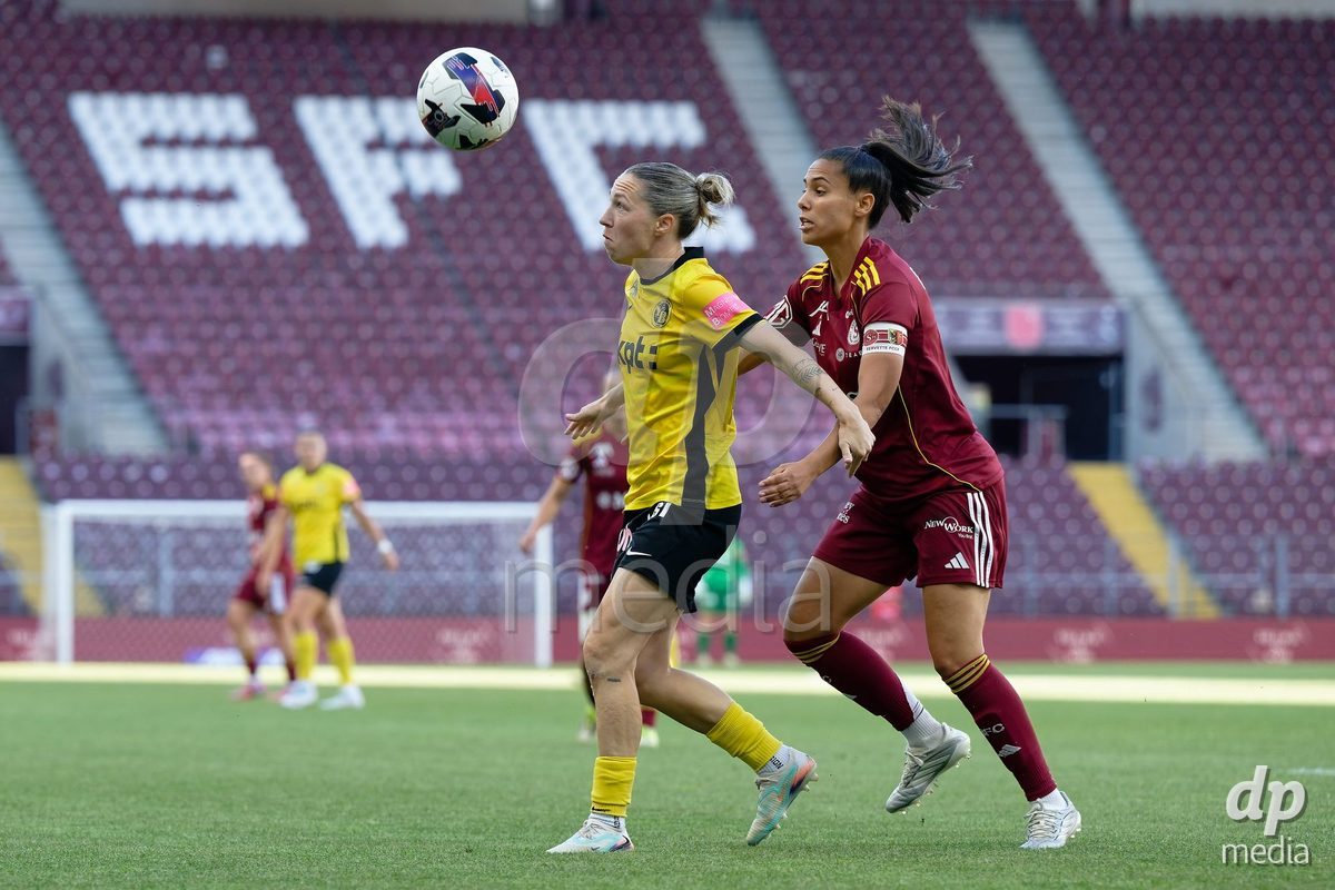 Geneva, Switzerland - May 29 : Joana Gaspar Da Silva Marchao of Servette FC Chenois Feminin in action (close up) under pressure of Daina Bourma of Servette FC Chenois Feminin   during the AWSL Final Second Leg match between Servette FC Chenois Feminin  and BSC YB Frauen  at Stade de Geneve on May 29 , 2026 in Geneva, Switzerland.