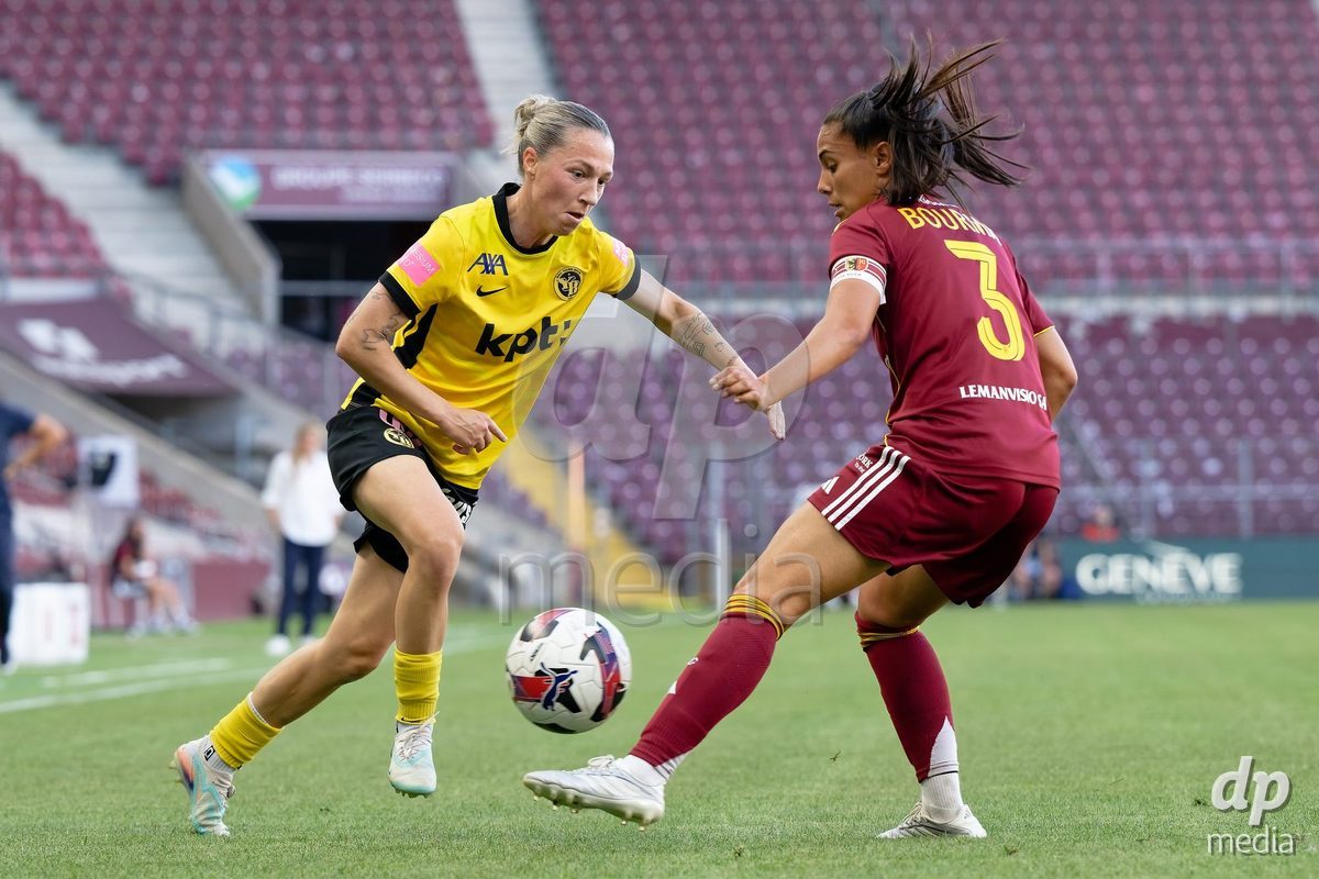 Geneva, Switzerland - May 29 : Lisa Josten of BSC YB Frauen in action (close up) under pressure of Daina Bourma of Servette FC Chenois Feminin   during the AWSL Final Second Leg match between Servette FC Chenois Feminin  and BSC YB Frauen  at Stade de Geneve on May 29 , 2026 in Geneva, Switzerland.