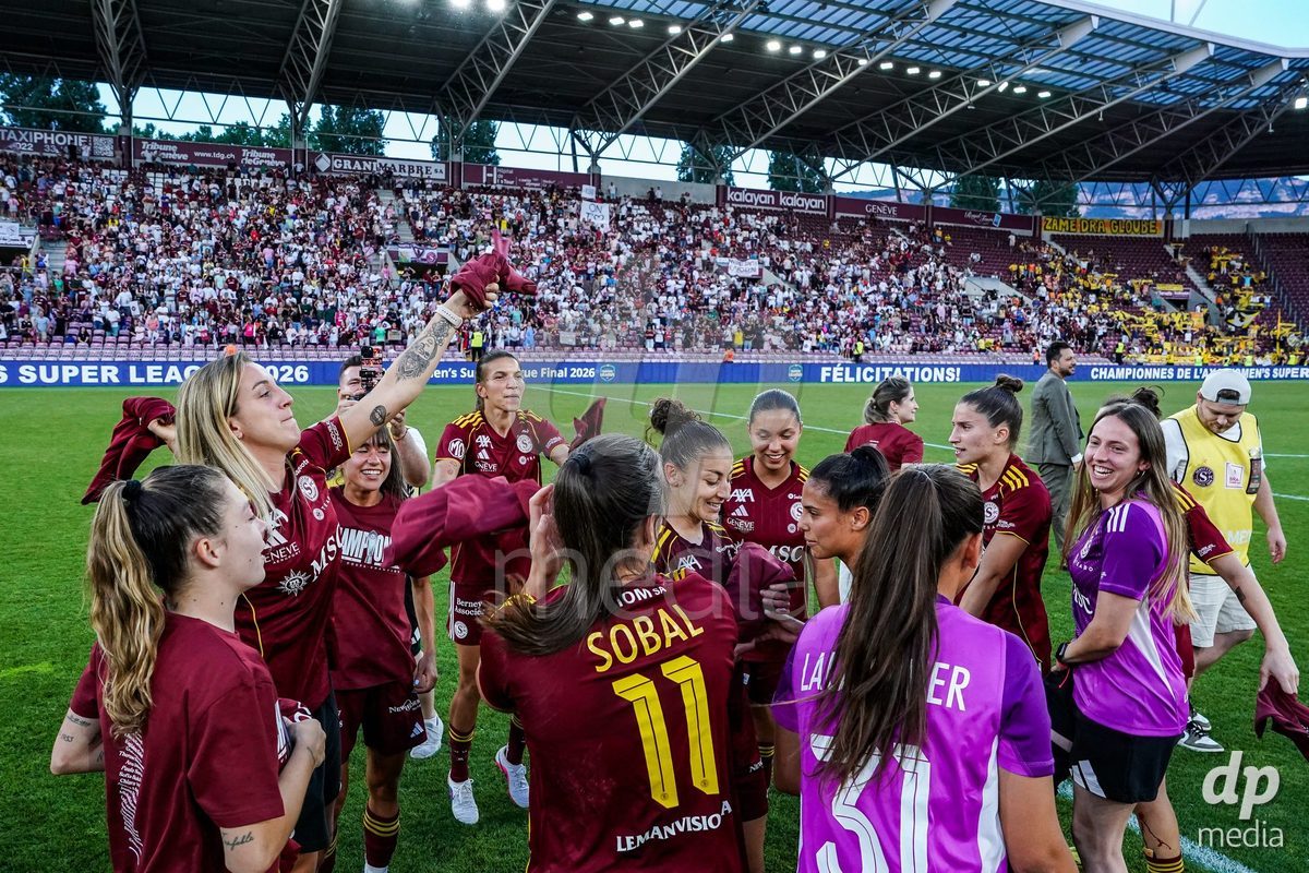 GENEVA, SWITZERLAND - MAY 29: Celebration of team Servette after winning the Final of the AXA Women's Super League match between Servette FC Chenois Feminin and BSC YB Frauen at Stade de Geneve on May 29, 2026 in Geneva, Switzerland.